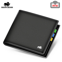 BISON DENIM Genuine Leather Men Wallets Brand Luxury RFID Bifold Wallet Zipper Coin Purse Business Card Holder Wallet N4470 BISO