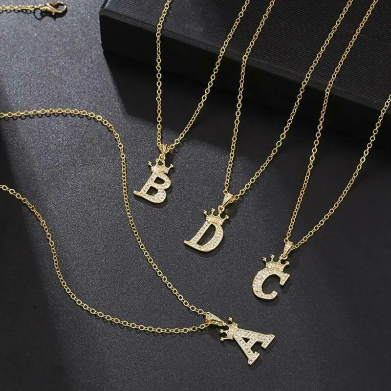 Vintage Crystal Zircon Alphabet Pendant Necklace Women Men Crown Initial Letter Necklace Goth Gold Sliver Color Chain Jewelry