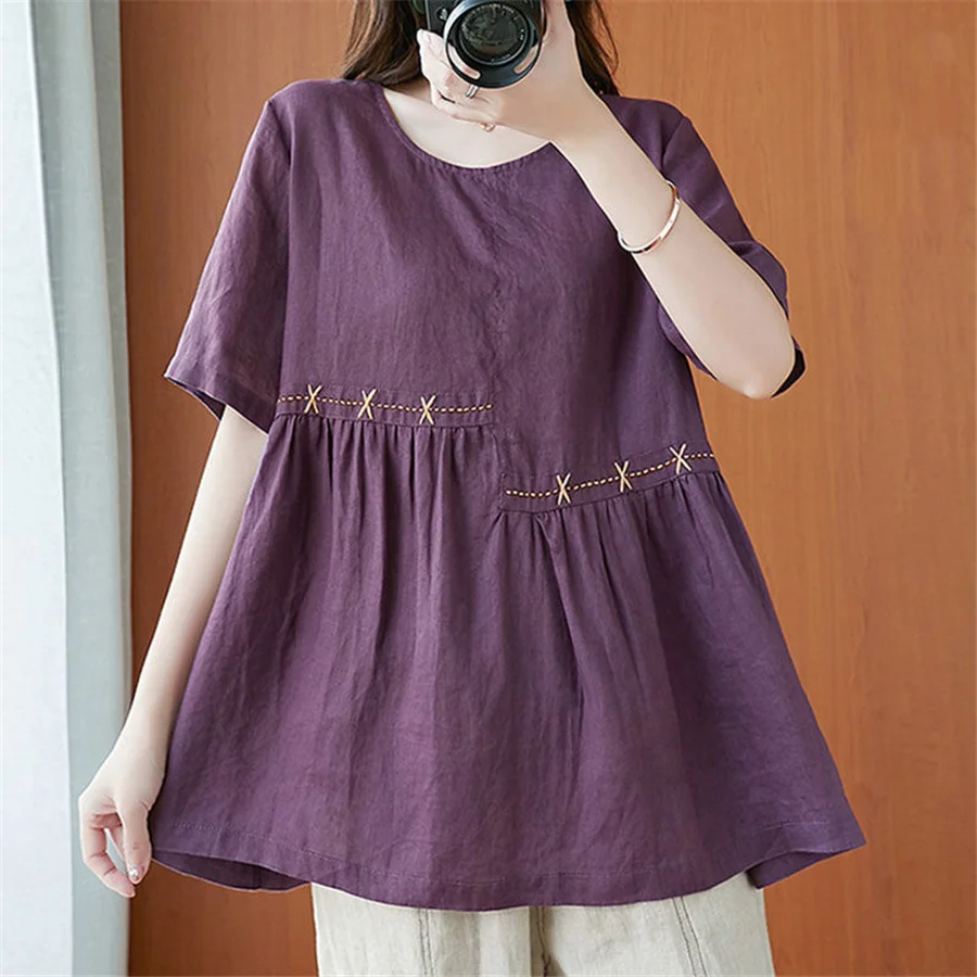 Summer shirt women 4XL big size round neck loose tunic tops type ladies Embroidery t-shirt new 2021