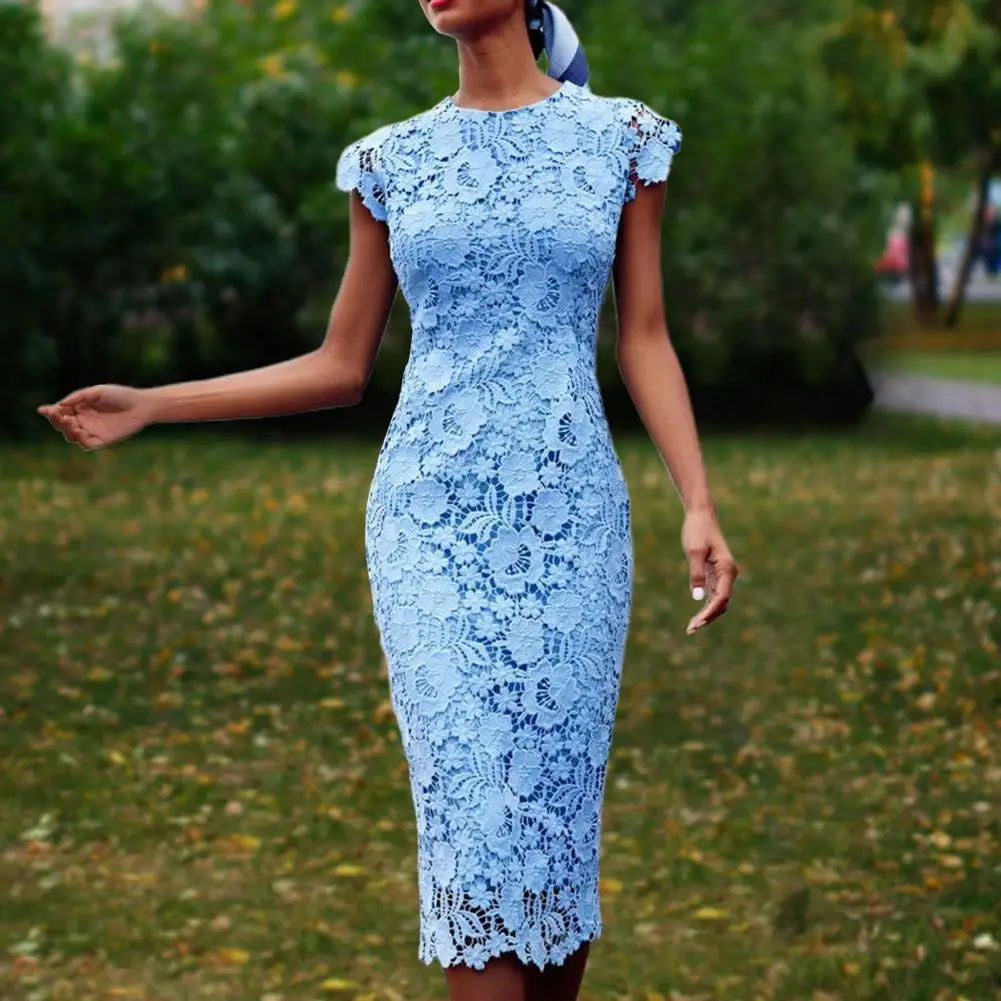 

Women Elegant Lace Dress Sexy Sleeveless Floral Hollow Out Pencil Dress Female Summer New O Neck Mid Length Dress