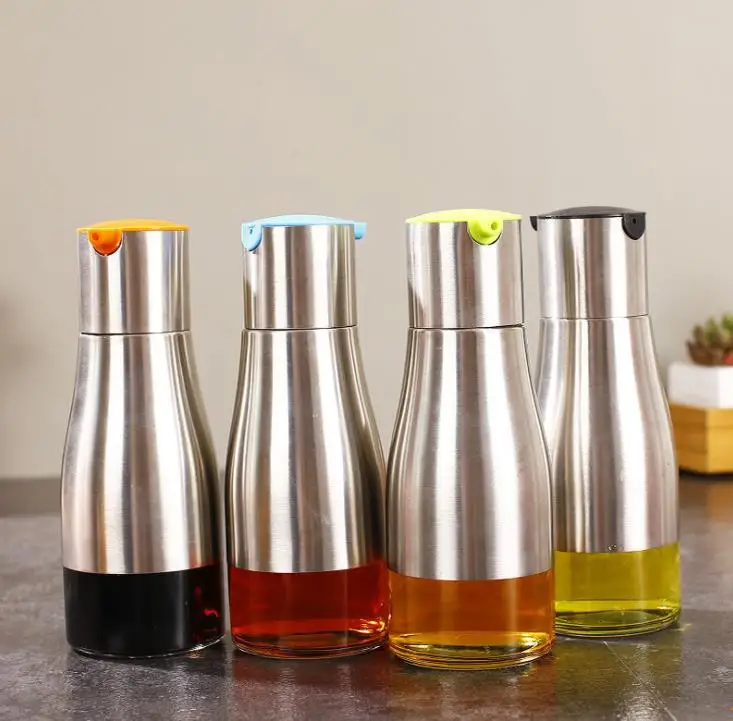 Olive Oil Bottle Soy Sauce Vinegar Seasoning Storage Can Glass Bottom 304 Stainless Steel Body Kitchen Cooking Tools SN1601