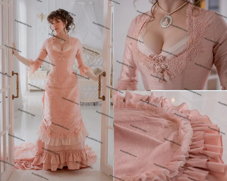 Peach Pink Gothic Prom Occasion Dresses with Long Sleeve 2021 Lace-up Corset Bustle Skirt Silk Victorian Evening Gowns