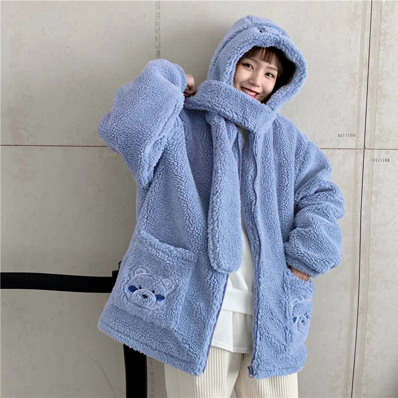 KOSAHIKI Japanese Students Kawaii Fluffy Jackets Women Autumn Winter Loose Hooded Faux Fur Coat Bear Embroidery Sweet Jacket