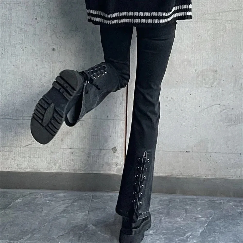 Back Lace Bandage High Waist Slim Flared Jeans Black Blue Skinny Stretchy Women Denim Pant Harajuku Boots Cut Trouser Streetwear