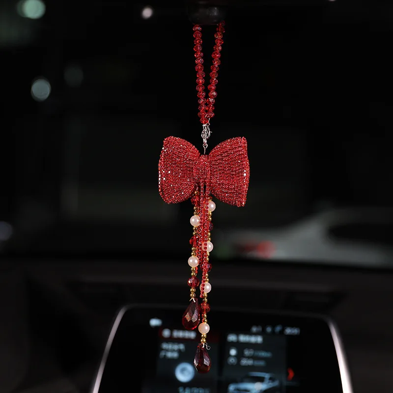 Creative Diamond Bowknot Car Pendant Cute Crystal Tassels Chain Rearview Mirror Ornament Pearl Rhinestone Car Accessories Women