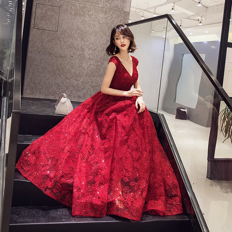 Long Evening Dresses Cap Sleeves Lace sequins Prom Dress Elegant Beading Embroidery Formal Gowns vestidos de gala Ladies Gown