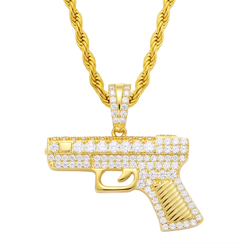 Hip Hop Prong Setting AAA CZ Stone Bling Ice Out CSGO Automatic Pistol Gun Pendants Necklace for Men Rapper Jewelry