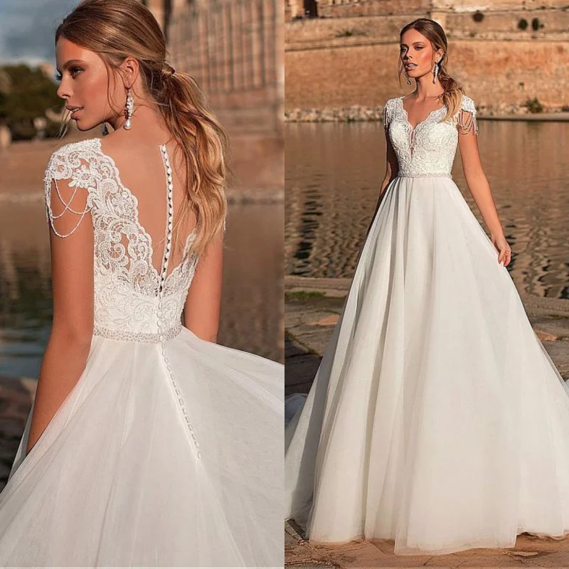 Elfenbein A-Line V-ausschnitt Weddng Kleider Tüll Gowsn Sexy Illusion Zurück mit Taste Gericht zug Nach Maß Brautkleider