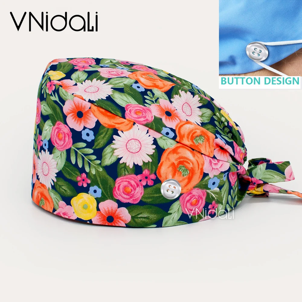 Gorro de trabajo de algodón ajustable con estampado de flores, gorro Bouffant con estampado de dientes y sonrisa, bufanda para la cabeza, agencia de aseo de mascotas, gorros