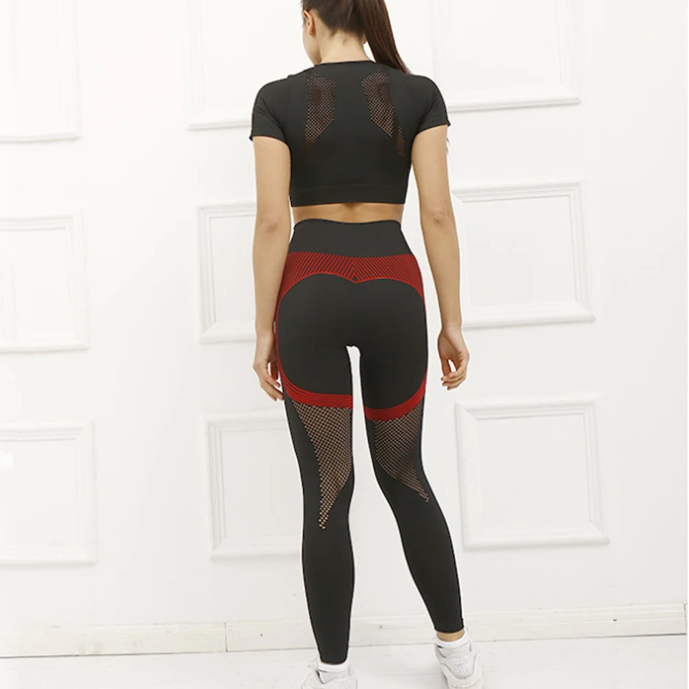 2021 Seamless Yoga Set Gym Clothing Women Fitness Sportwear  High Waist Leggings Workout Top Mesh Short Sleeve T Shirt Yoga Suit