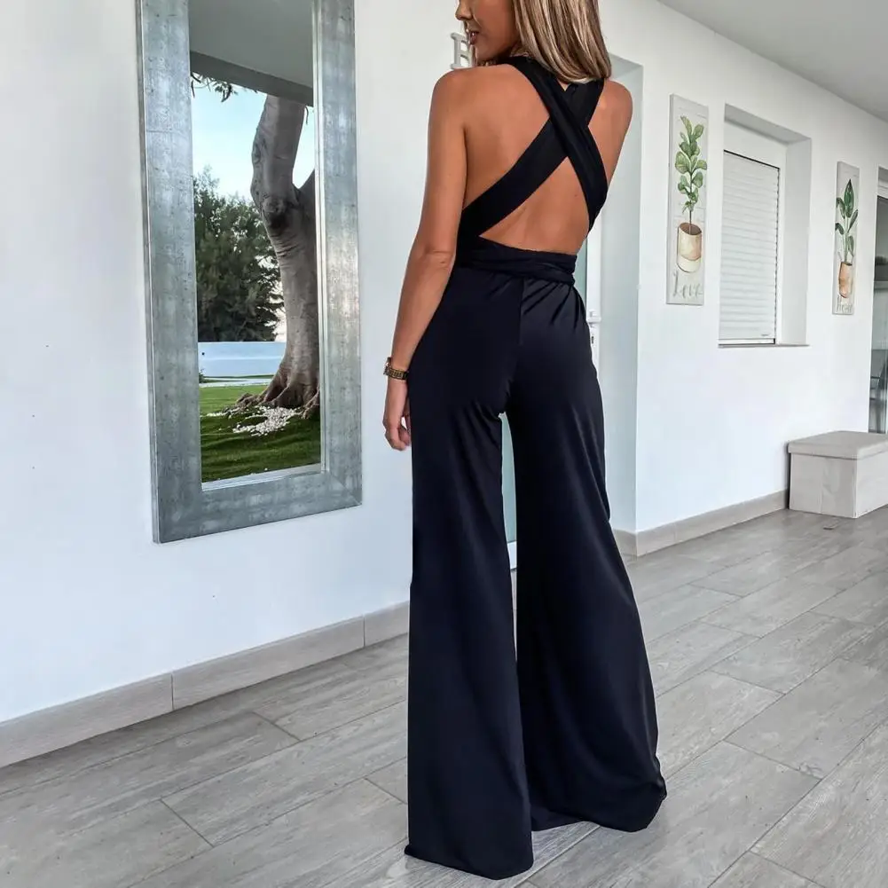 Ladies Sleeveless Romper Playsuits Overalls V Neck High Waist Wide Leg Elegant Jumpsuit for Banquet Jumpsuit Trousers Female Hot