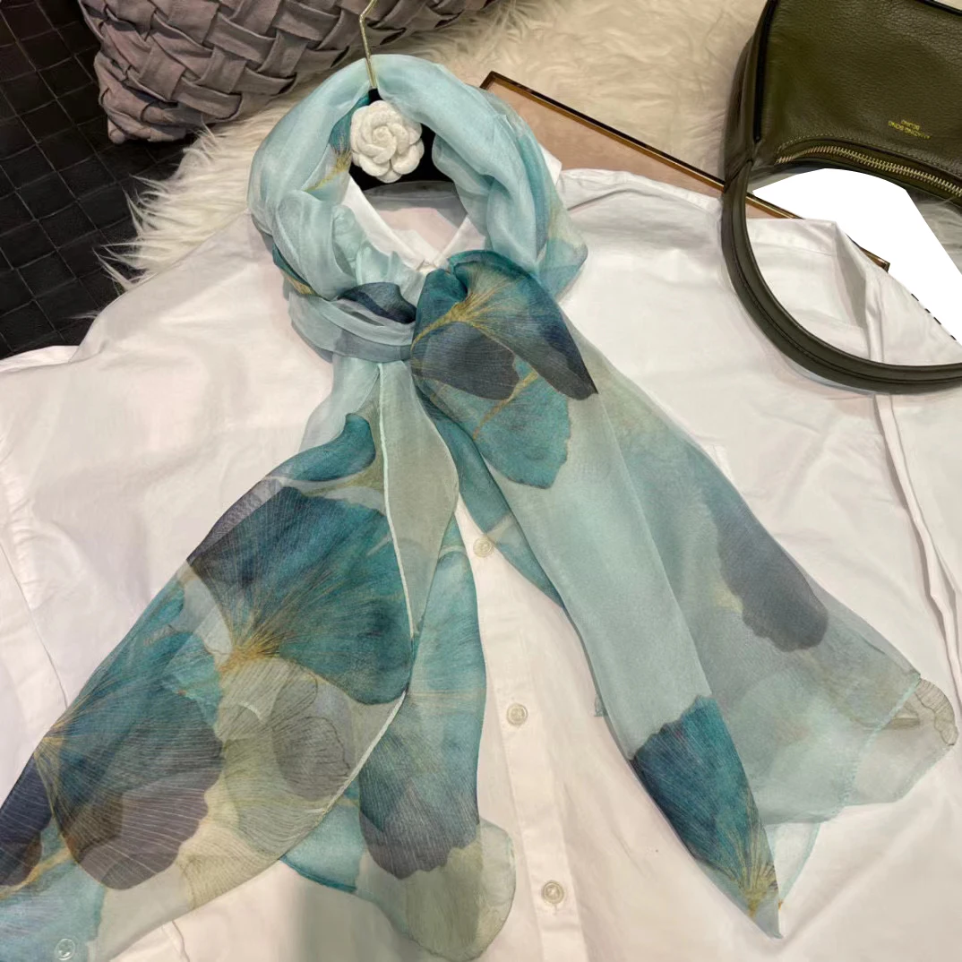 BYSIFA| Summer Water Blue Silk Scarf Shawl Printed Fashion Elegant Women 100% Pure Silk Chiffon Scarves Fall Winter Long Scarves