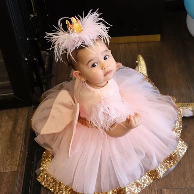 CustomizedSparkly Luxurious Flower Girl Dresses Feather Beaded Little Girl Wedding Dresses Cheap Communion Pageant Dresses Gowns