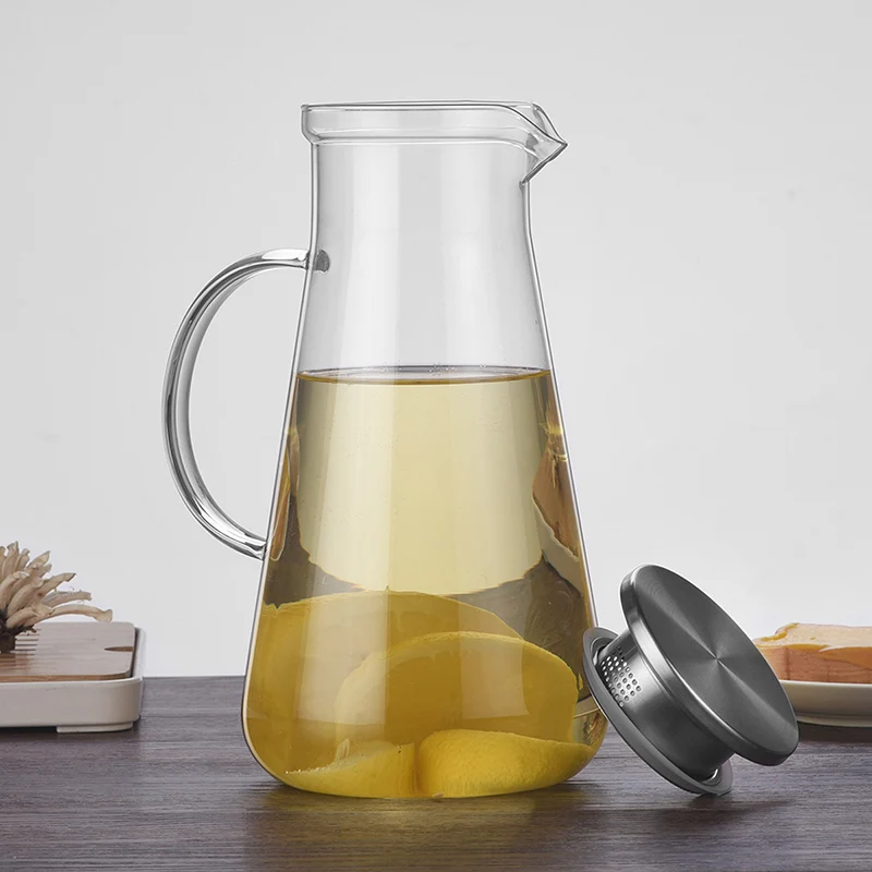 Jarra de agua de vidrio resistente al calor para el hogar con tapa de acero inoxidable con pico de pato, olla de jugo casera de gran capacidad con mango, nueva