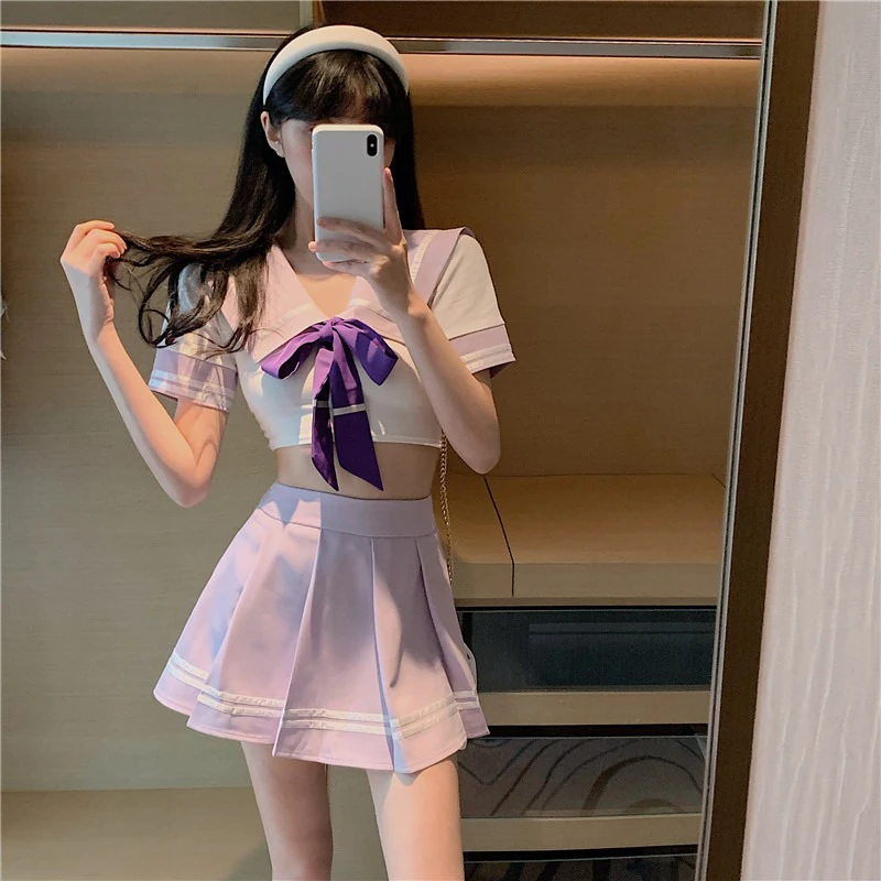 School Student JK Uniform Short Sleeve Crop Top and Pleated Mini Skirt set Summer 2020 Japan Sexy Sweet Girl Women's Clothing