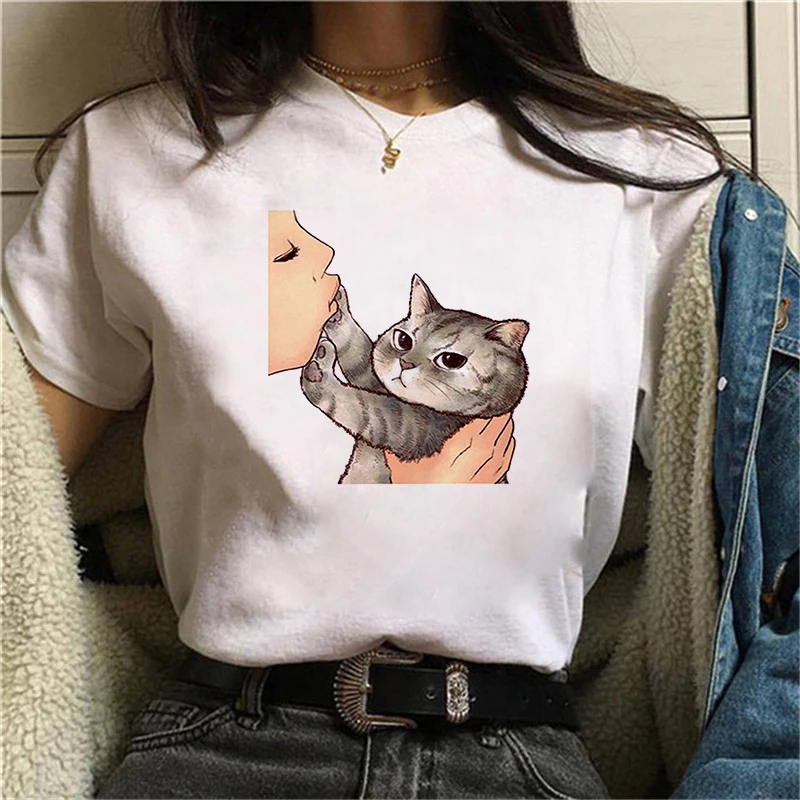 Women summer short sleeve shirt the neck casual funny cat tops feminine gift for ladies mujer