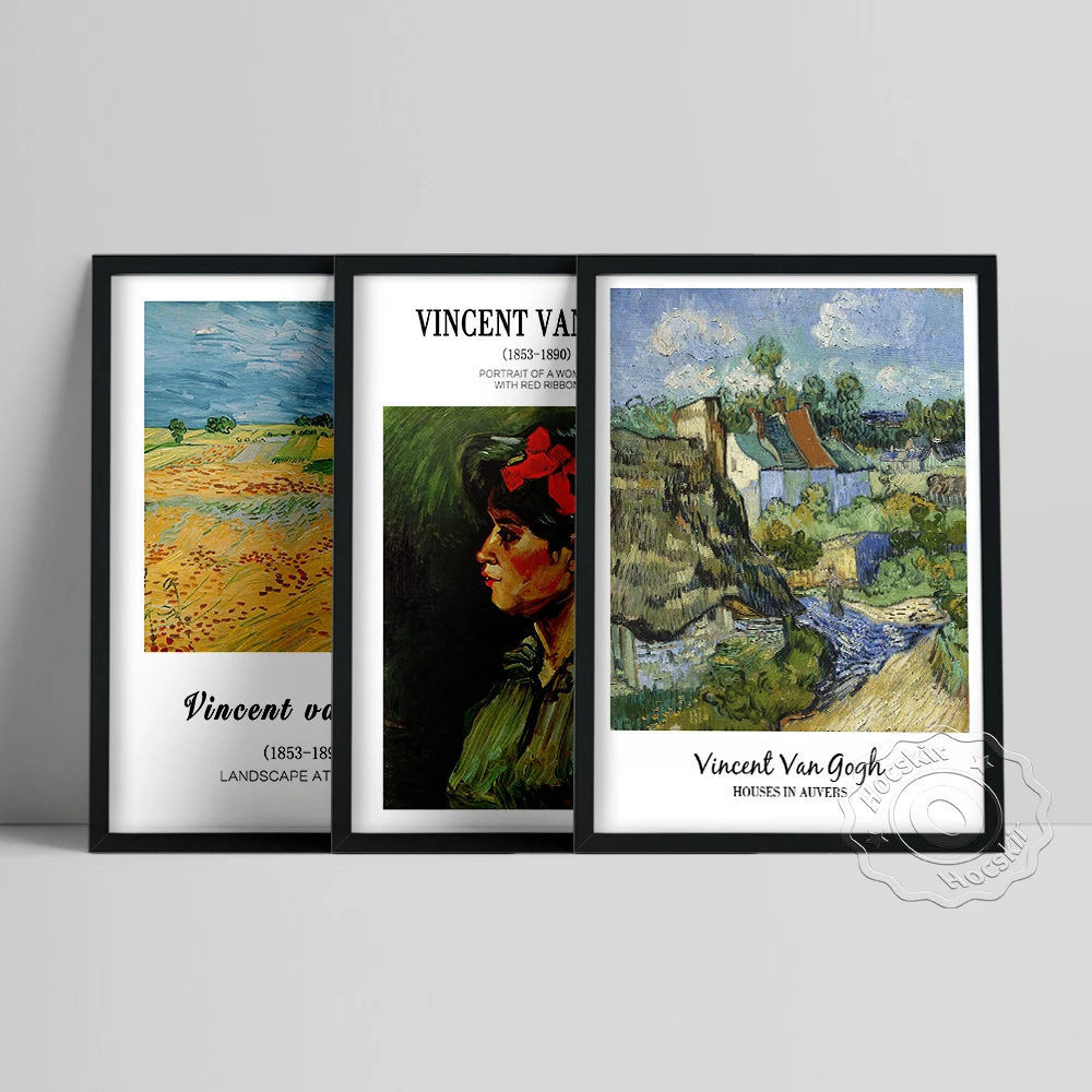 Póster de exposición de Vincent Von Gogh, retrato de una mujer con pintura de cinta roja, arte impreso de casas en Auvers, decoración de pared de Gogh