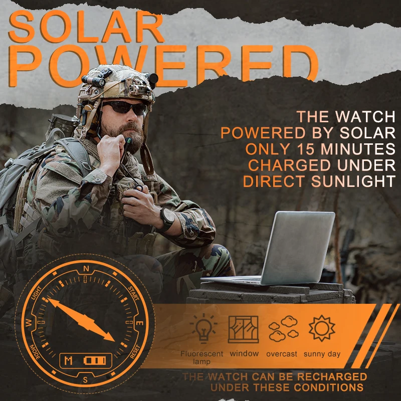 NORTH EDGE Men Solar Power Digital Watch Men\'s Outdoor Smart Watches Full Metal Waterproof 50M Compass Army Military Style Clock