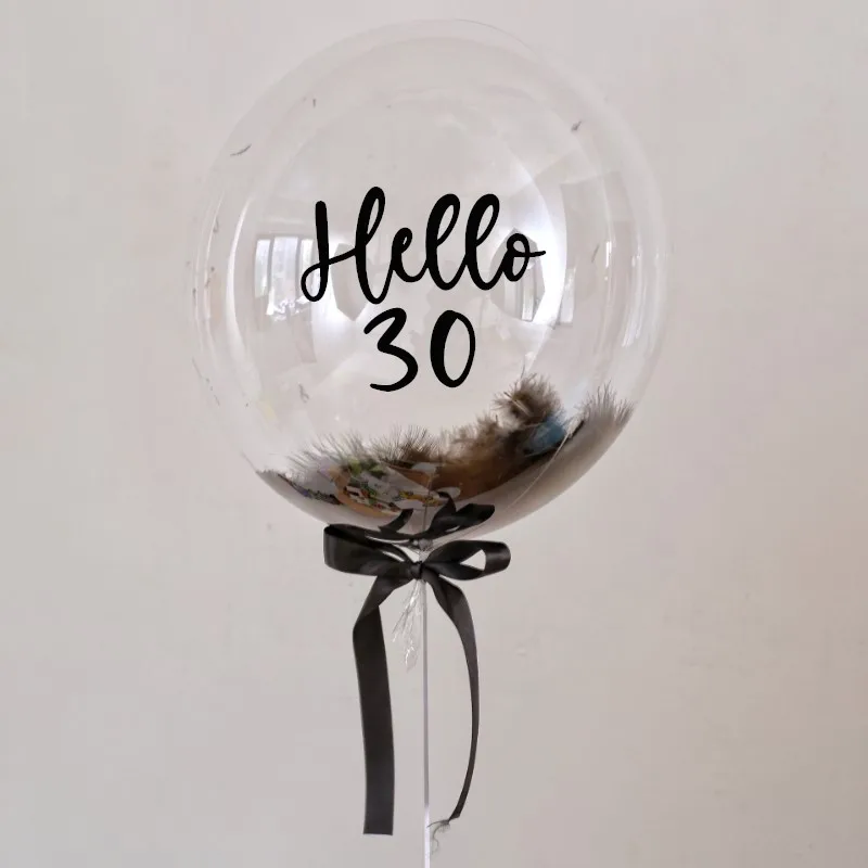 1set 18inch Custom Clear Ballon With Hello 30 18 25 Sticker With Black Feathers Graduations Happy Birthday Party Decorations