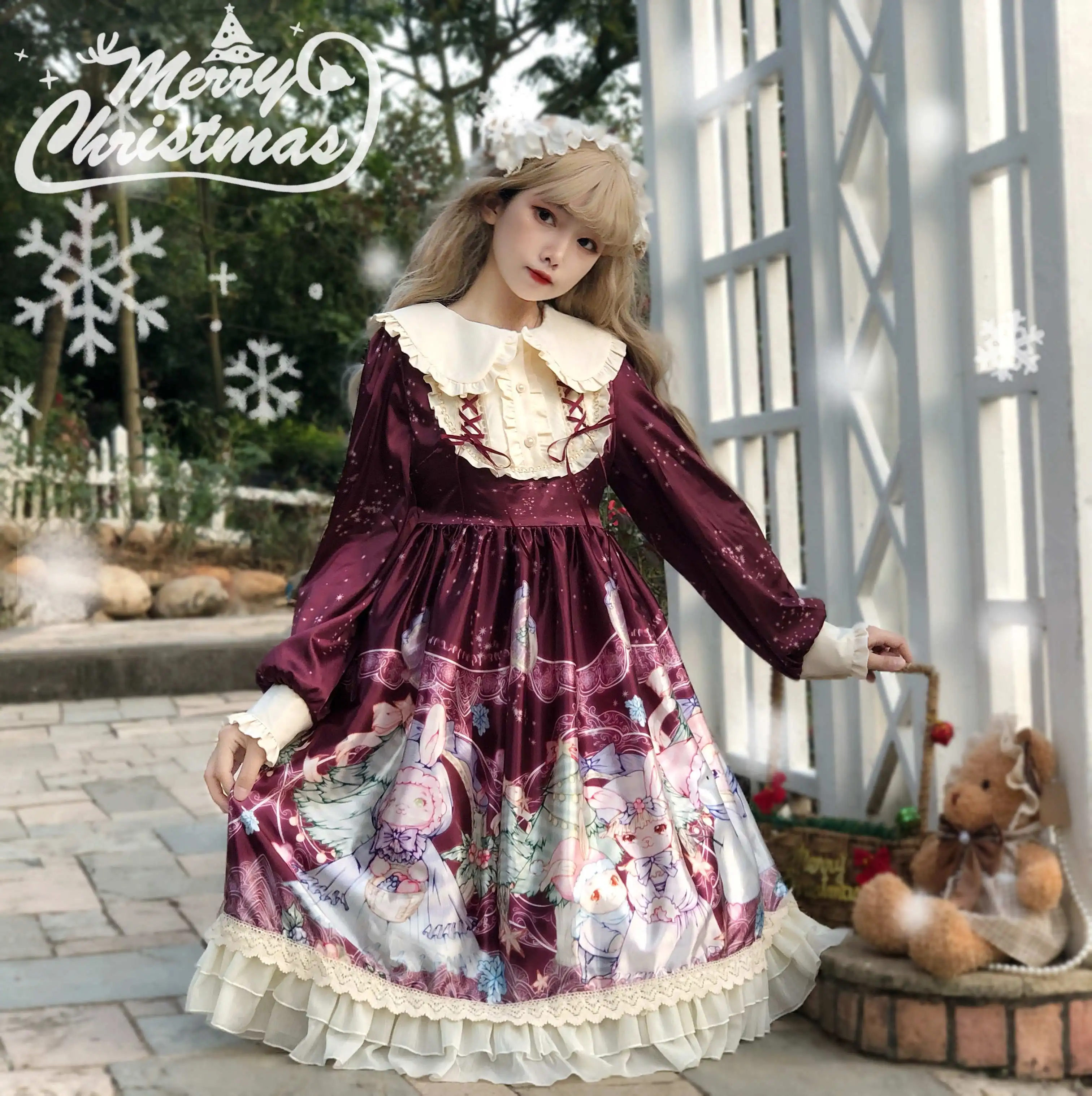 Lolita reflective Christmas Cosplay Costume  Women Ruffle  Decorated Retro Strap Tulle Dress Tea Party  autumn winter dress