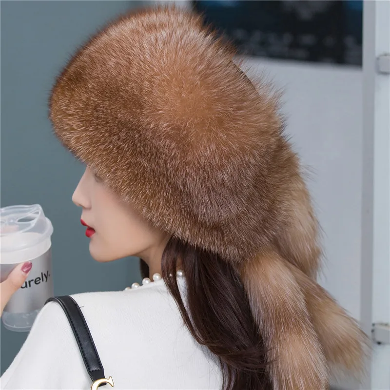 2021 New Natural Fox Fur Russian Hat Ladies Winter Warm Fluffy Popular Style Female Tail Hat Fashionable Leather Straw Hat