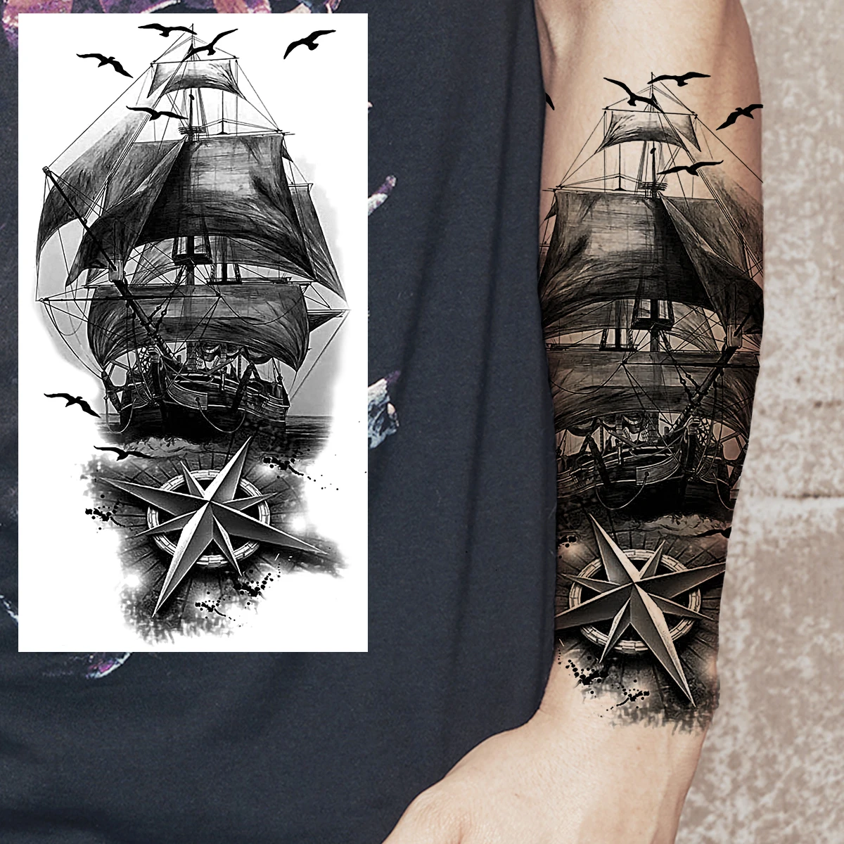 Black Military Temporary Tattoos For Men Women Adults Lion Compass Tiger Pirate Ship Fake Tattoo Sticker Forearm Body Tatoos