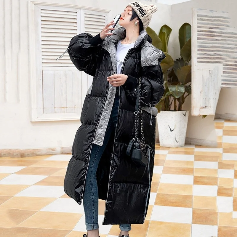 Winter Fashion X-Long Down Coat Women White Duck Down Jacket Loose Fit Stand Collar Hooded Overcoat Female Thicken Warm Parkas