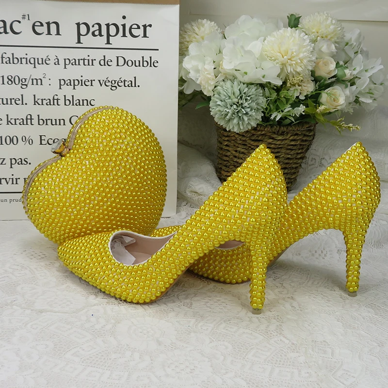 

LoveinCrystal Yellow Pearl Women's 7cm Thin Heel Ladies Party Dress Shoes Girl's High heels Bride Wedding Shoes With Bag Spring