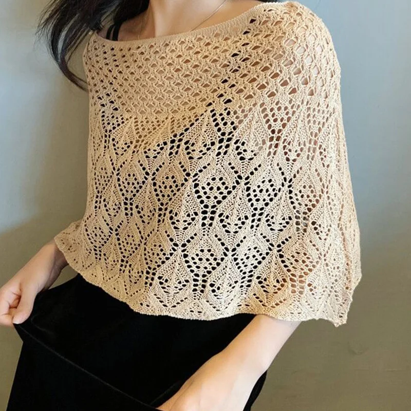 Korean Knit Hollow Crochet Lace Shawl Summer Short Ice Silk Cotton Blouse Pullover Women Fake Collar Neck Guard Cloak Scarf Q53