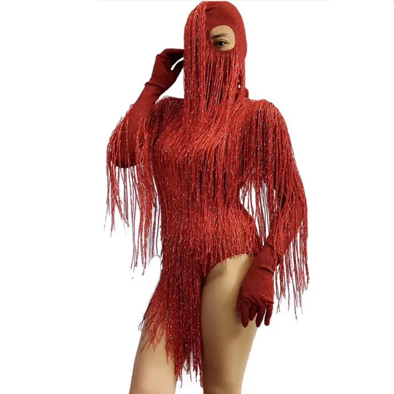 

New Red Full Fringe Long Sleeves Bodysuit Headdress Birthday Celebrate Dance Wear Prom Tassel Dancer DS Evening Outfit Bodysuit