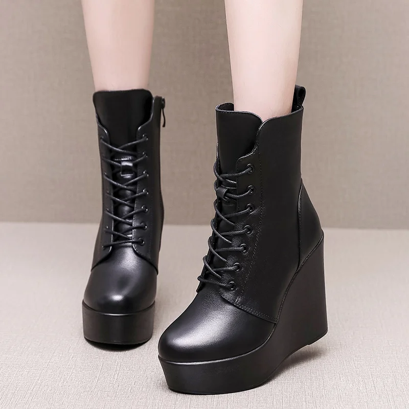 GKTINOO 2024 Fashion Genuine Leather Autumn Winter Boots Platform Wedges High Heel Boots Black Women\'s Boots Plus Size 33-43