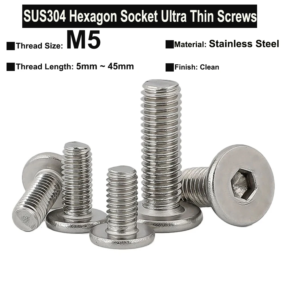 Yiqianyuan M5xP0.8 Ultra Thin Hexagon Socket round Head Screw Oversize Stainless Steel SUS304 for Durable Hardware Applications