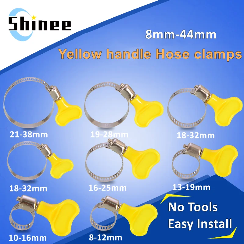 1 5 10 pcs 8-44mm Adjustable Yellow Plastic Handle Hand Twist Hose Clamps Worm Driving  201 Stainless steel Pipe Clips For Tube