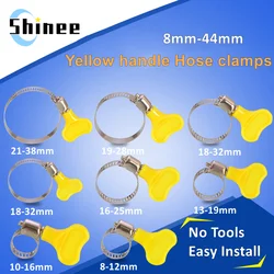 1 5 10 pcs 8-44mm Adjustable Yellow Plastic Handle Hand Twist Hose Clamps Worm Driving 201 Stainless steel Pipe Clips For Tube