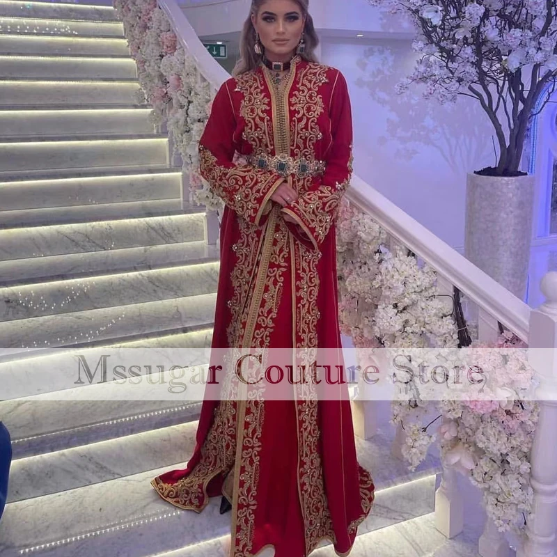 2021 Red Albanian Prom Dresses Gold Appliques Arabic Evening Dress Women Party Abendkleider robe de soirée de mariage