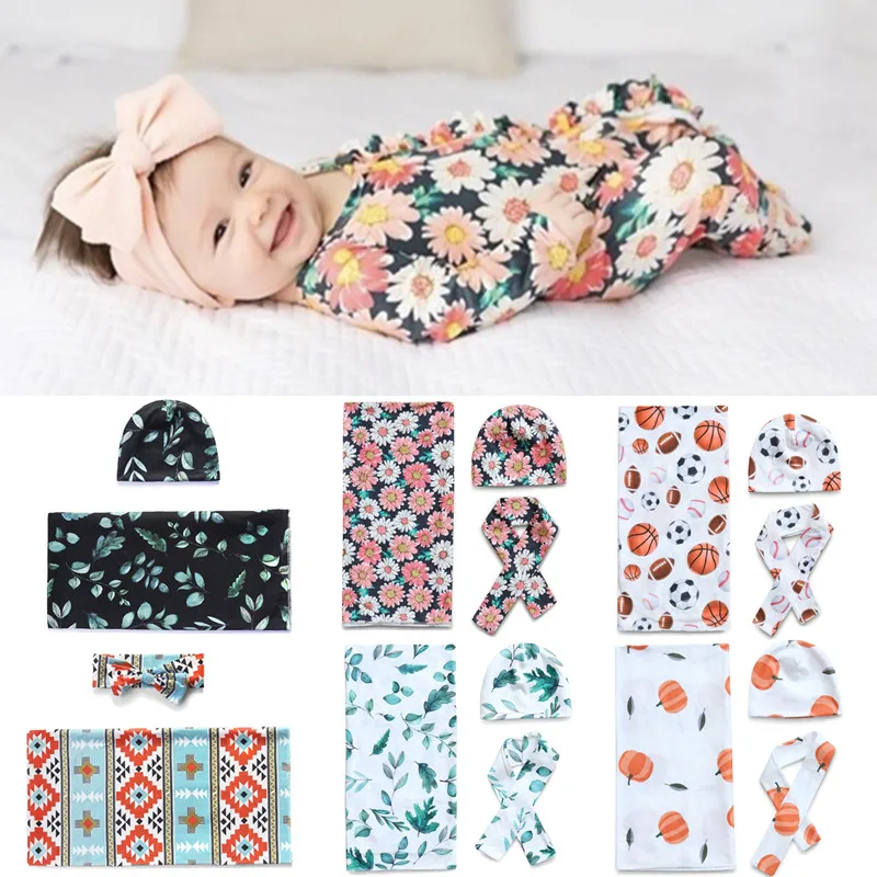 Newborn Swaddle Wrap Headband Hat Set Baby Cotton Receiving Blanket Baby Girls Floral Blanket Hair Band Sleeping Wrap Shower Gif