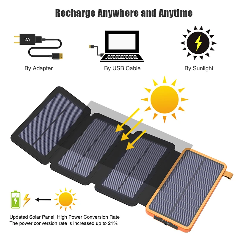 8000mAh składany ładowarka solarna Powerbank na energię słoneczną z latarką podwójny Panel solarny USB Powerbank dla smartfonów