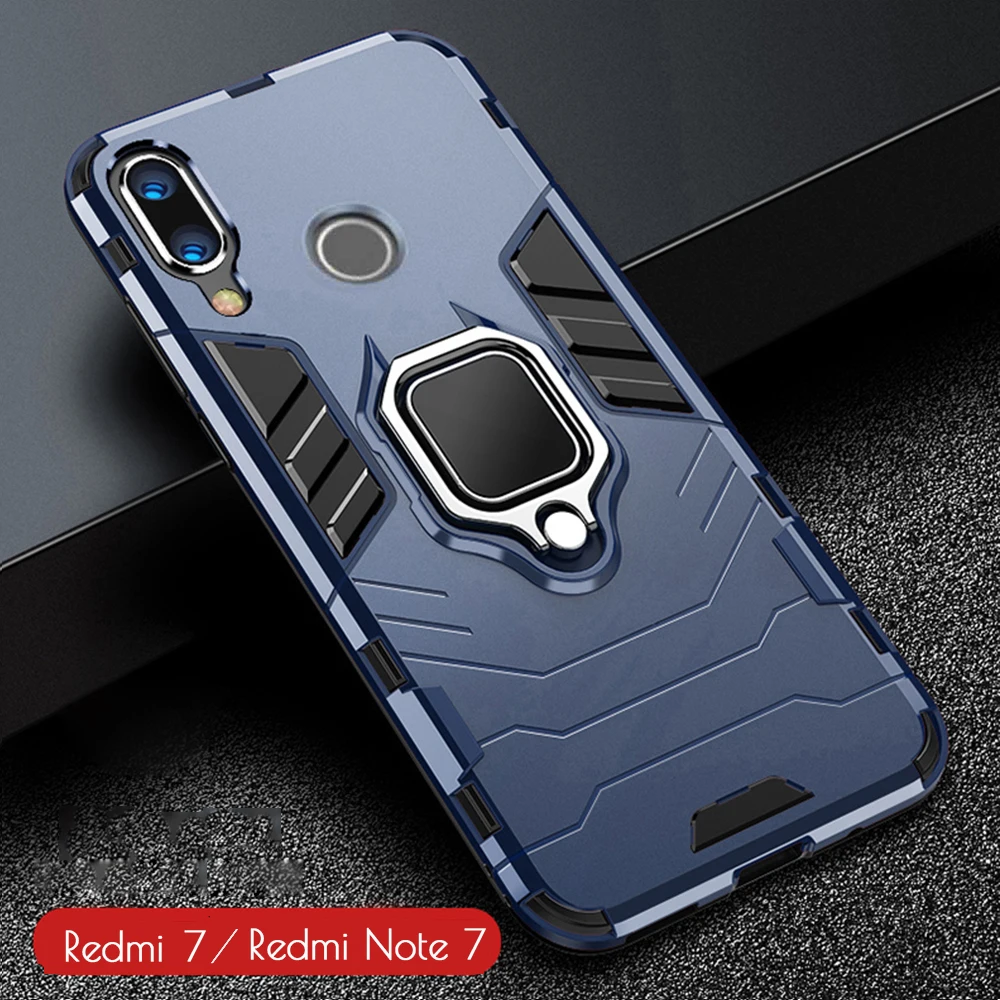 For Xiaomi Redmi 7 Case Armor PC Cover FInger Ring Holder Phone Case For Xiomi Redmi Note 7 Cover Shockproof Reinforced Bumper