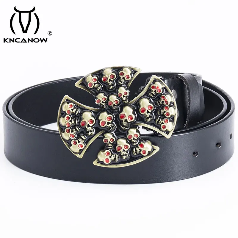 

Male Genuine Real Cowhide Leather Cross Skulls Buckle Belts For Men Rock Punk Cinturones Hombre Marca Famosa Cintos Para Homens