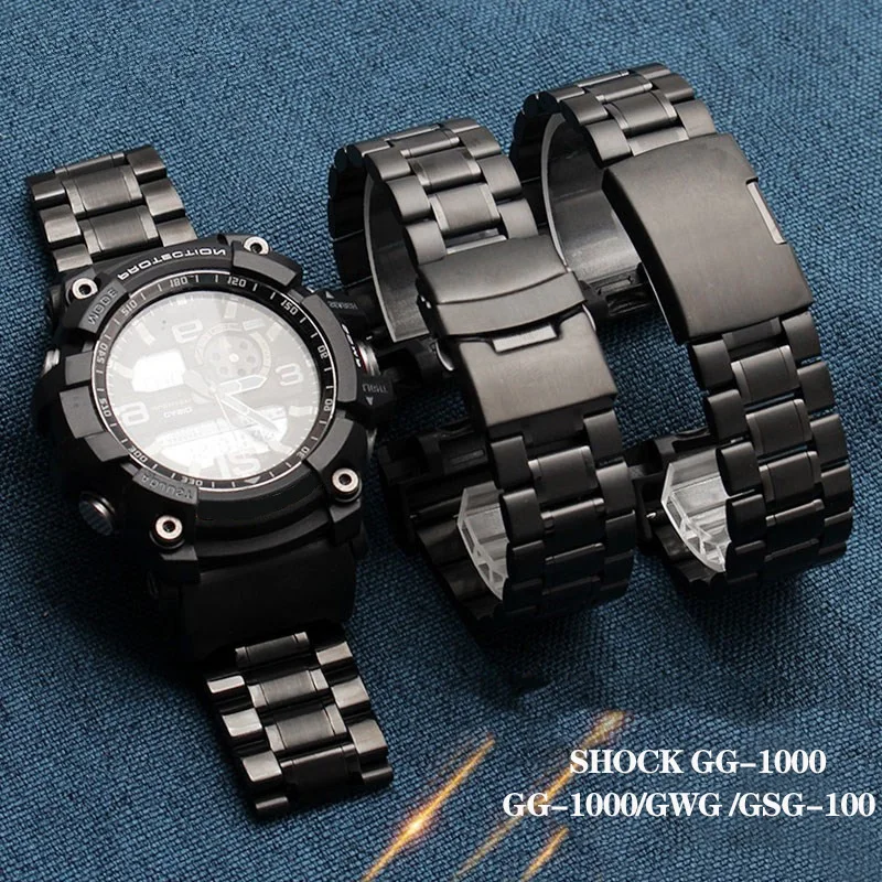 Stainless Steel Watch Band Adapter for CASIO G-Shock Modified GG-1000/GWG-100/GSG-100 Men's Black Bracelet Strap