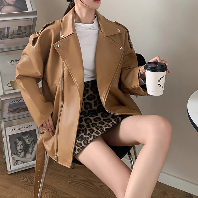 Aibeautyer New Spring Autumn Casual Loose Locomotive Outwear with Belt Women Moto Biker Punk Style PU Coat Faux Leather Jacket