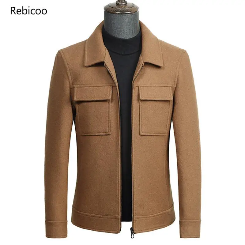 

Autumn Winter Short Woolen Coat Mens Slim Wool Jacket Long Sleeve Casual Khaki Overcoats Male Thick Blend Coat