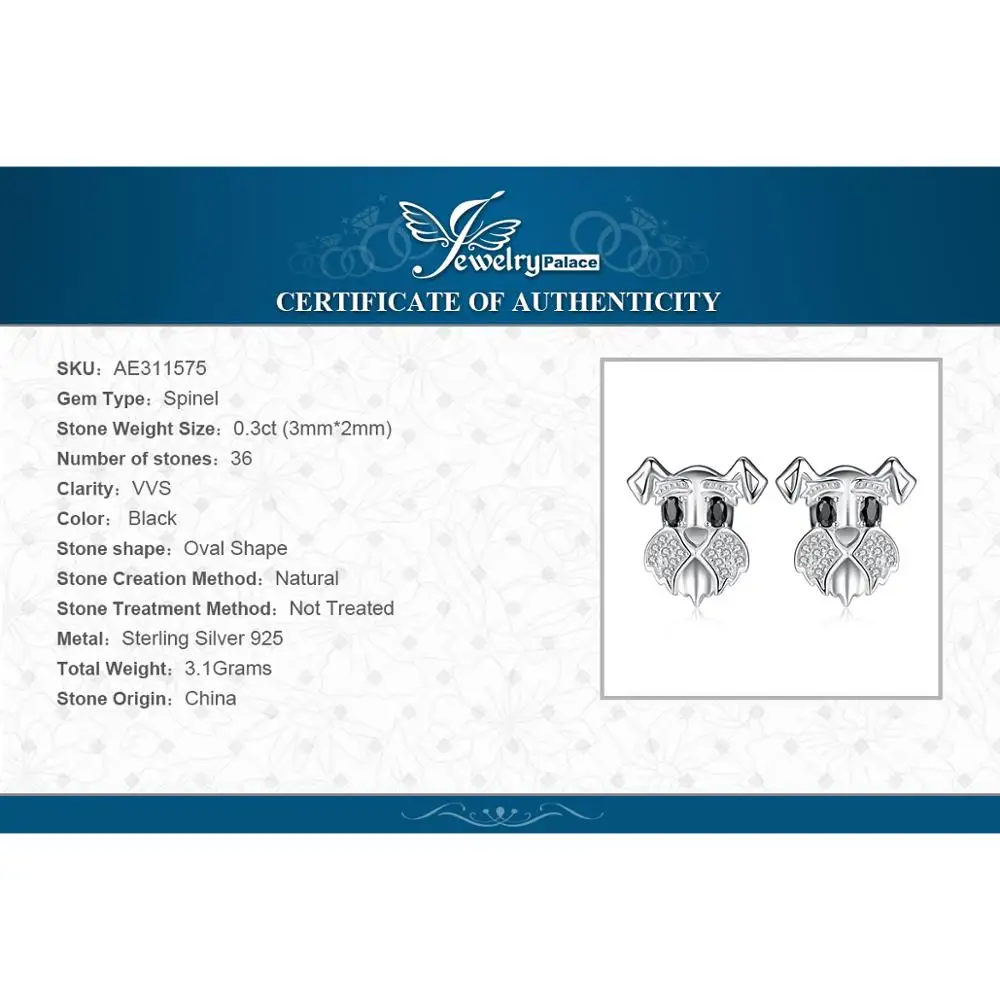 JewelryPalace Cute Schnauzer Dog 925 Sterling Silver Natural Black Spinel Stud Earrings Women Fashion Gemstones Animal Earrings