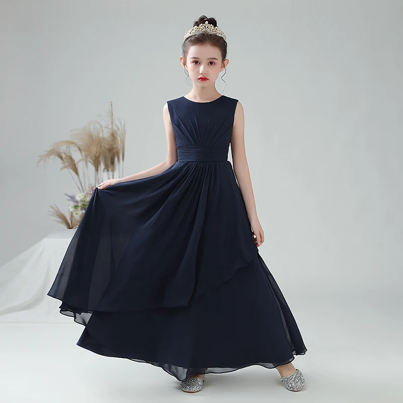 Dideyttawl Customized Navy Blue Chiffon Girls Formal Party Gowns Long Junior Bridesmaid Flower Girl Dresses For Wedding Evening