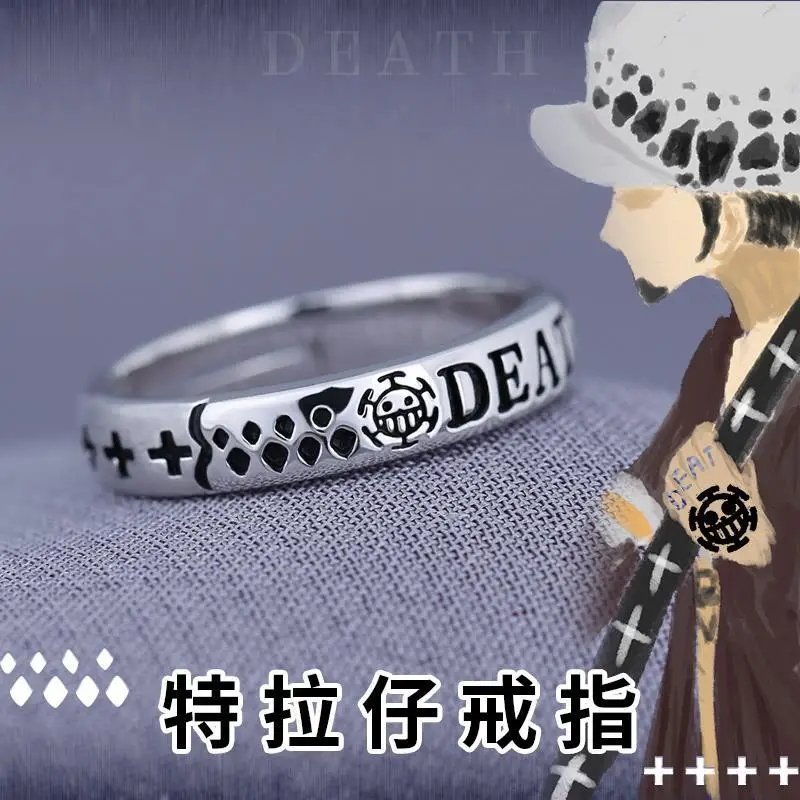 Anime One Piece Trafalgar Law Luffy Hat Portgas D Ace Adjustable Ring for Men Women 925 Sterling Silver Rings Cosplay Jewelry