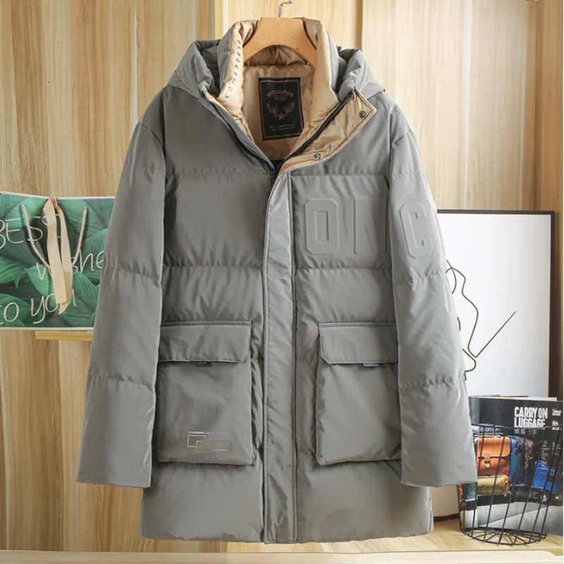 Winter Mid-length Duck Down Jacket Men's Thickened Warm Hooded Coat Outdoor Walking Tooling Cargo Parka Students Storm Suit