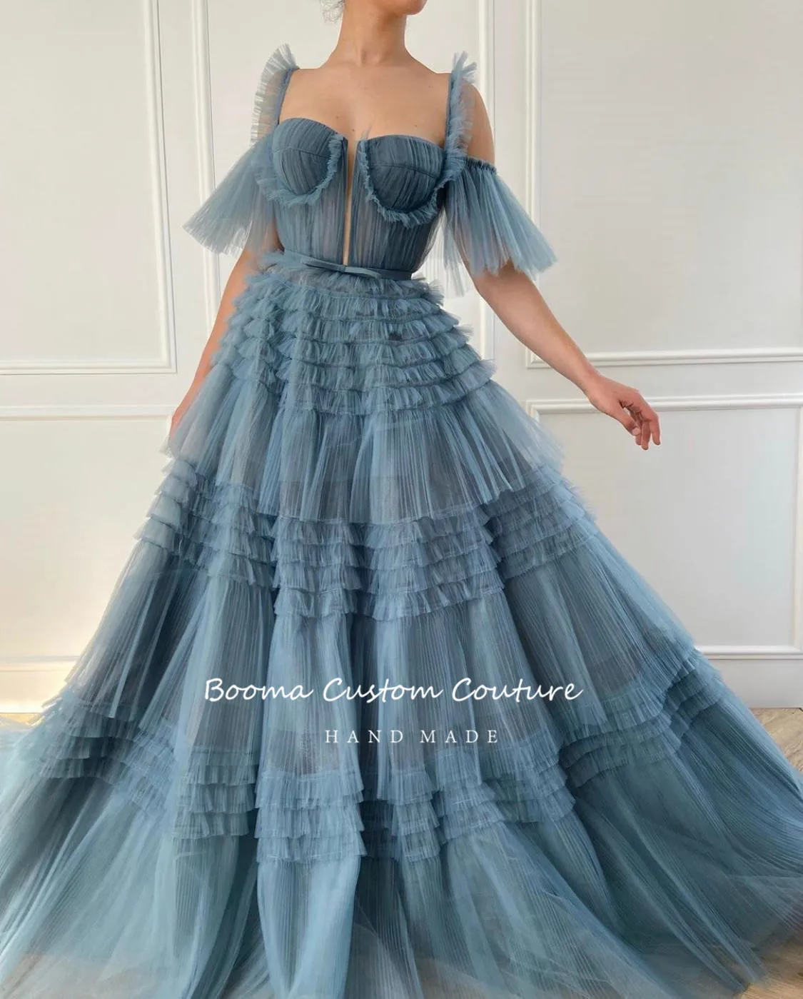 Booma Blue Long Prom Dresses Sweetheart Pleated Tulle Ruffles Evening Dresses Off Shoulder Tiered A-Line Formal Party Dresses