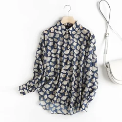 Maxdutti autumn england style fashion elegant Leaf printing loose blouse women silk loose blusas mujer de moda 2023 shirt tops