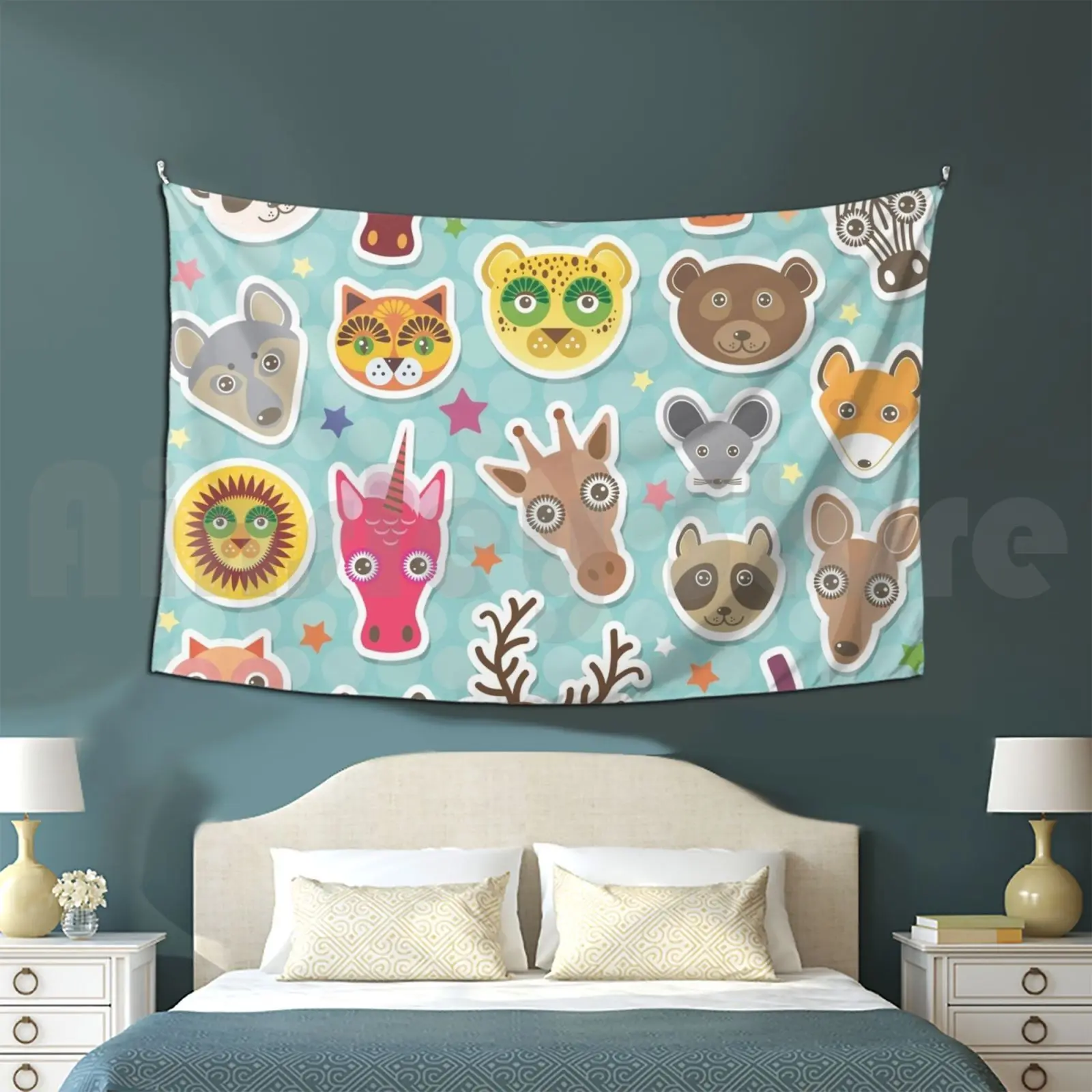 Tapestry Animals On Blue Polka Dot Background Funny Animals Muzzle. Teal Background With Stars , Polka Dot.