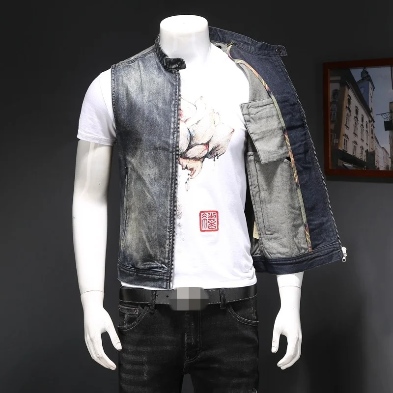 

Stand Motorcycle Zipper Denim Vest Men Vintage Casual Sleeveless Jacket Spring Autumn Street Style Slim Waistcoat Plus Size 4XL